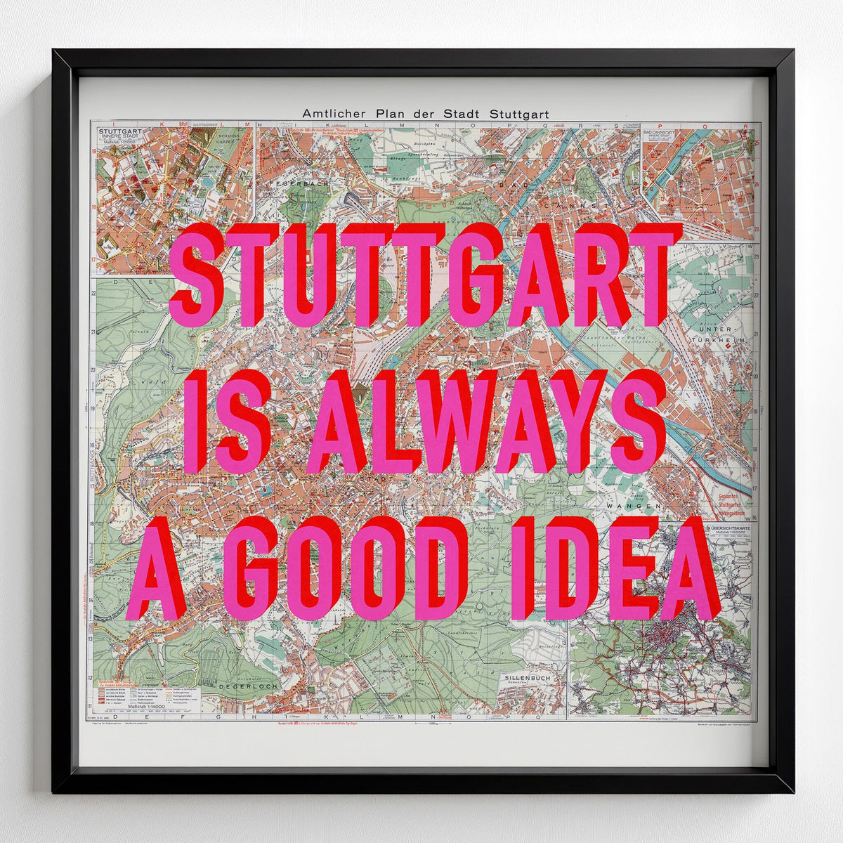 Stuttgart Retro Pop Art Map Print (square) - black frame mockup - Magic Posters Bold