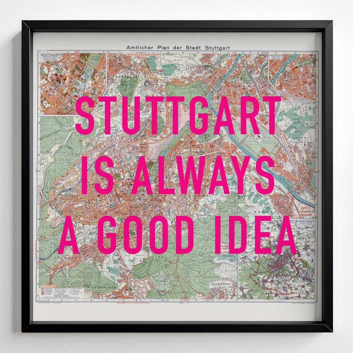 Stuttgart Retro Pop Art Map Print (square) - black frame mockup - Magic Posters