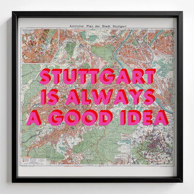 Stuttgart Retro Pop Art Map Print (square) - black frame mockup - Magic Posters