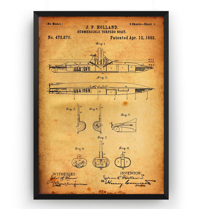 Submarine Torpedo Boat 1892 Patent Print - Magic Posters