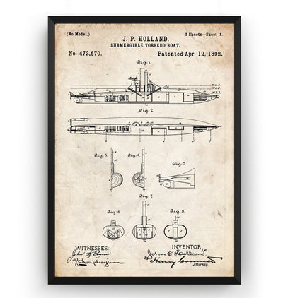 Submarine Torpedo Boat 1892 Patent Print - Magic Posters