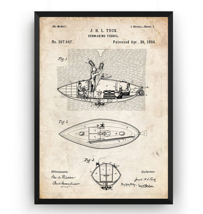 Submarine Vessel 1884 Patent Print - Magic Posters