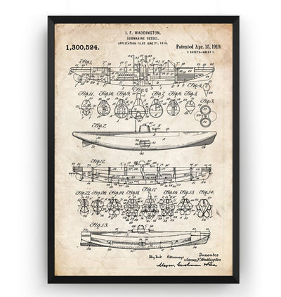 Submarine Vessel 1919 Patent Print - Magic Posters