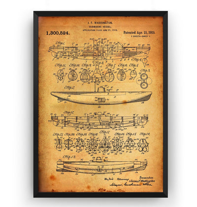Submarine Vessel 1919 Patent Print - Magic Posters
