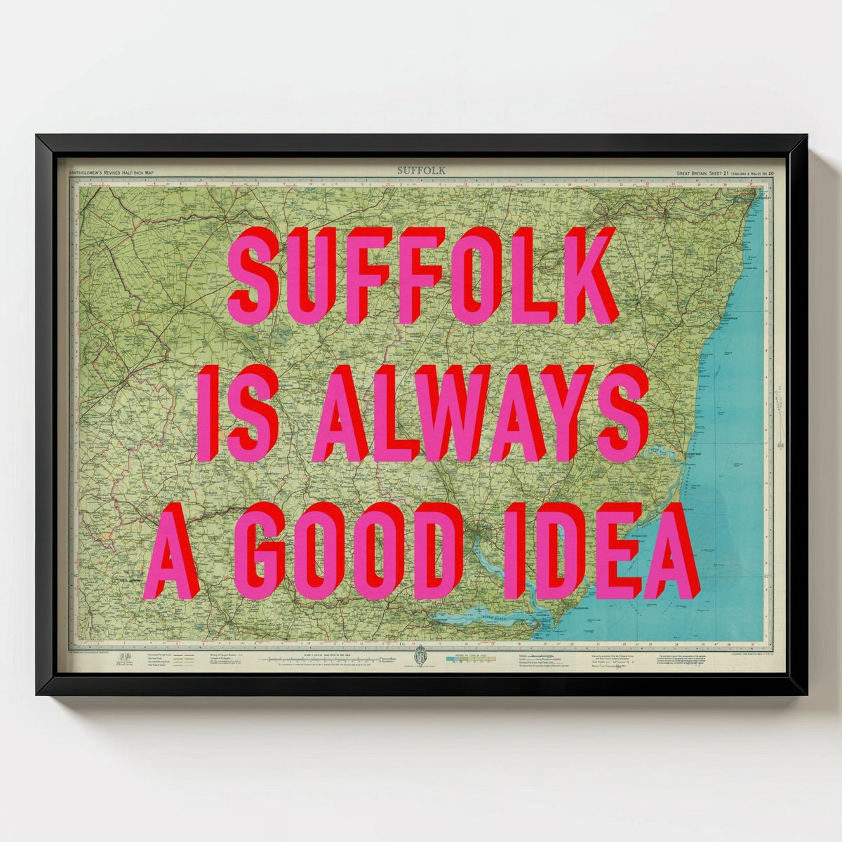 Suffolk Retro Pop Art Map Print - black frame mockup - Magic Posters
