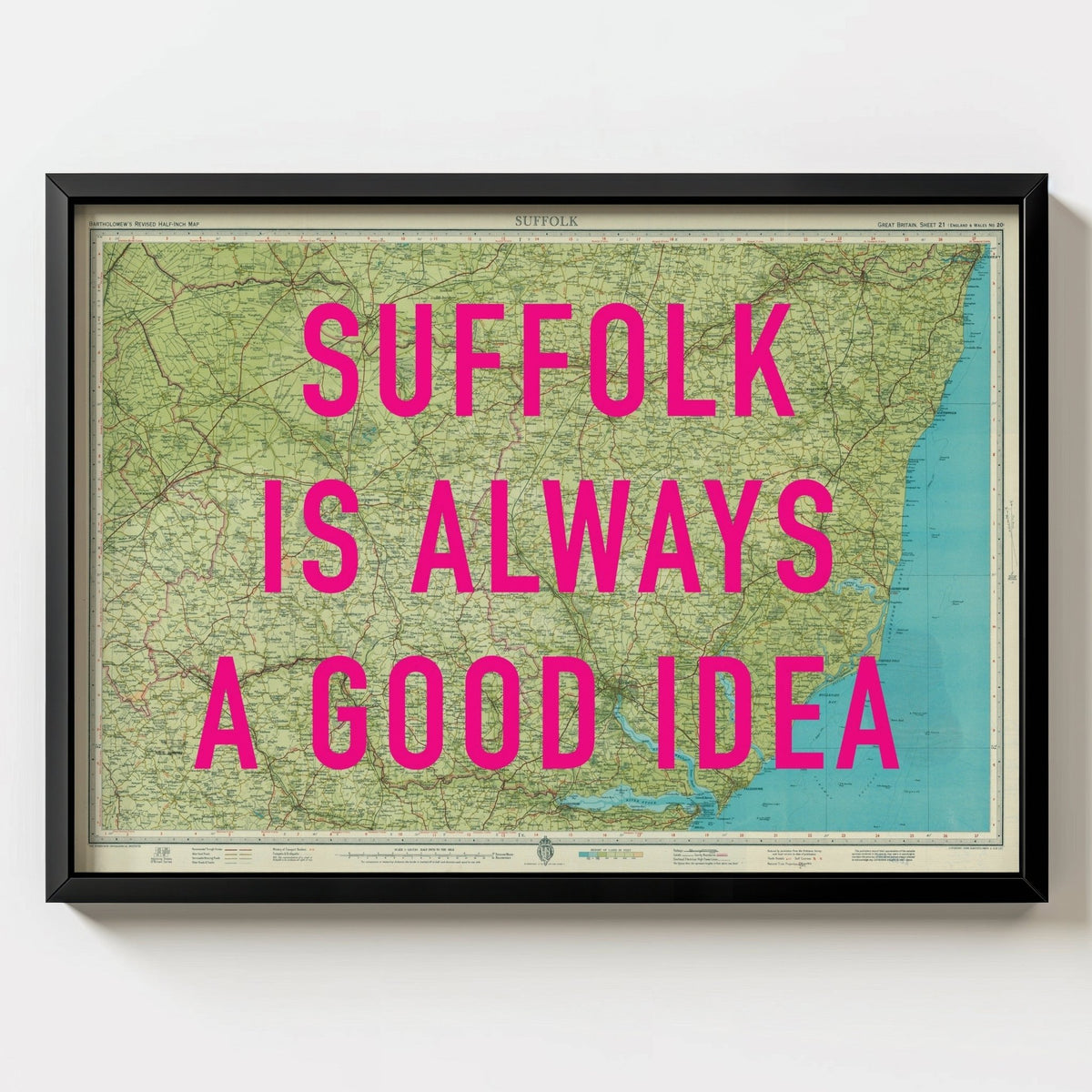 Suffolk Retro Pop Art Map Print - black frame mockup - Magic Posters