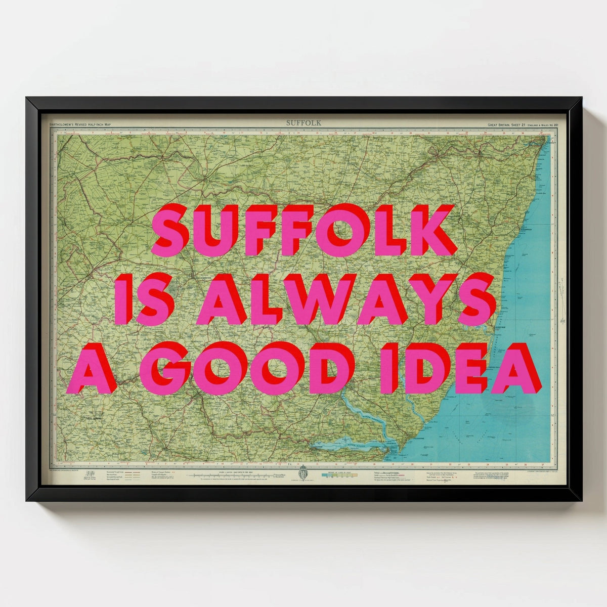 Suffolk Retro Pop Art Map Print - black frame mockup - Magic Posters