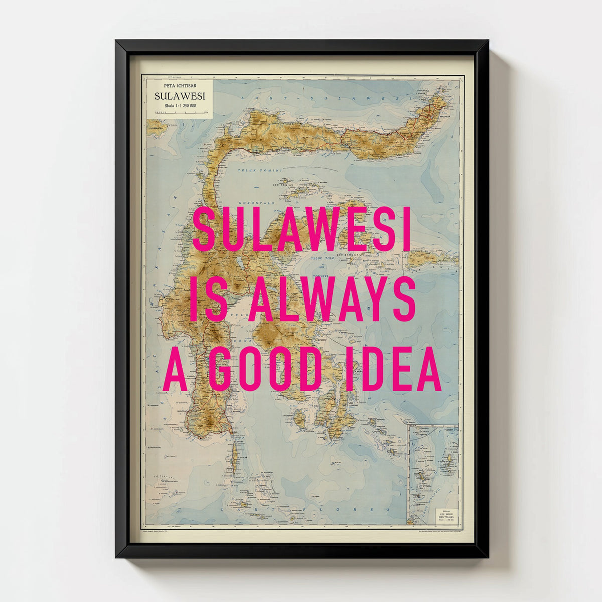 Sulawesi Retro Pop Art Map Print (portrait) - black frame mockup - Magic Posters