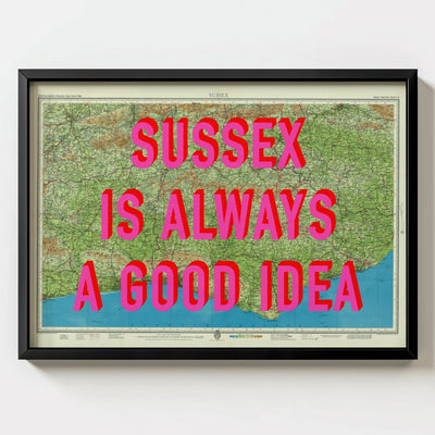 Sussex Retro Pop Art Map Print - black frame mockup - Magic Posters