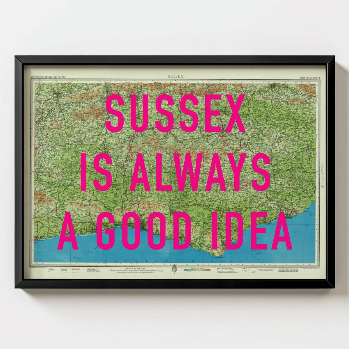 Sussex Retro Pop Art Map Print - black frame mockup - Magic Posters