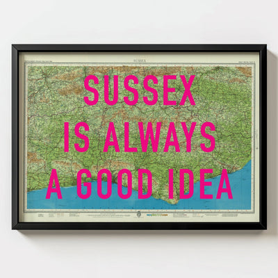Sussex Retro Pop Art Map Print - black frame mockup - Magic Posters