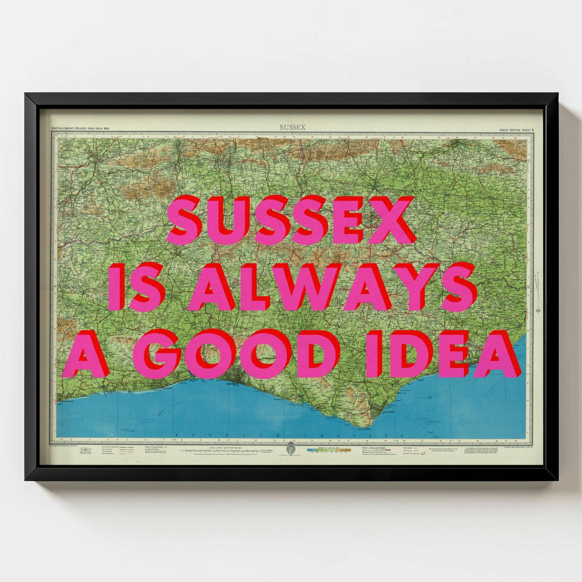 Sussex Retro Pop Art Map Print - black frame mockup - Magic Posters
