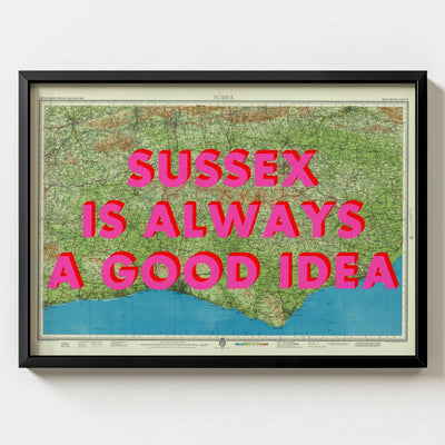 Sussex Retro Pop Art Map Print - black frame mockup - Magic Posters