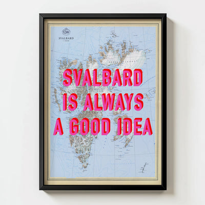 Svalbard Retro Pop Art Map Print (portrait) - black frame mockup - Magic Posters Bold
