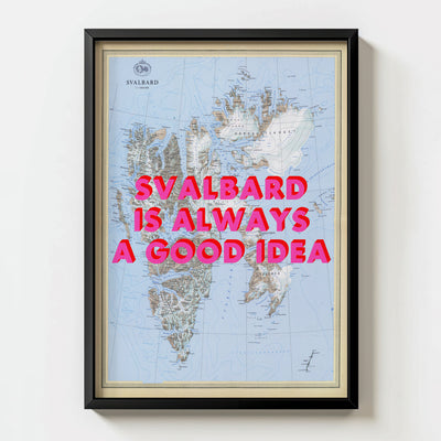 Svalbard Retro Pop Art Map Print (portrait) - black frame mockup - Magic Posters