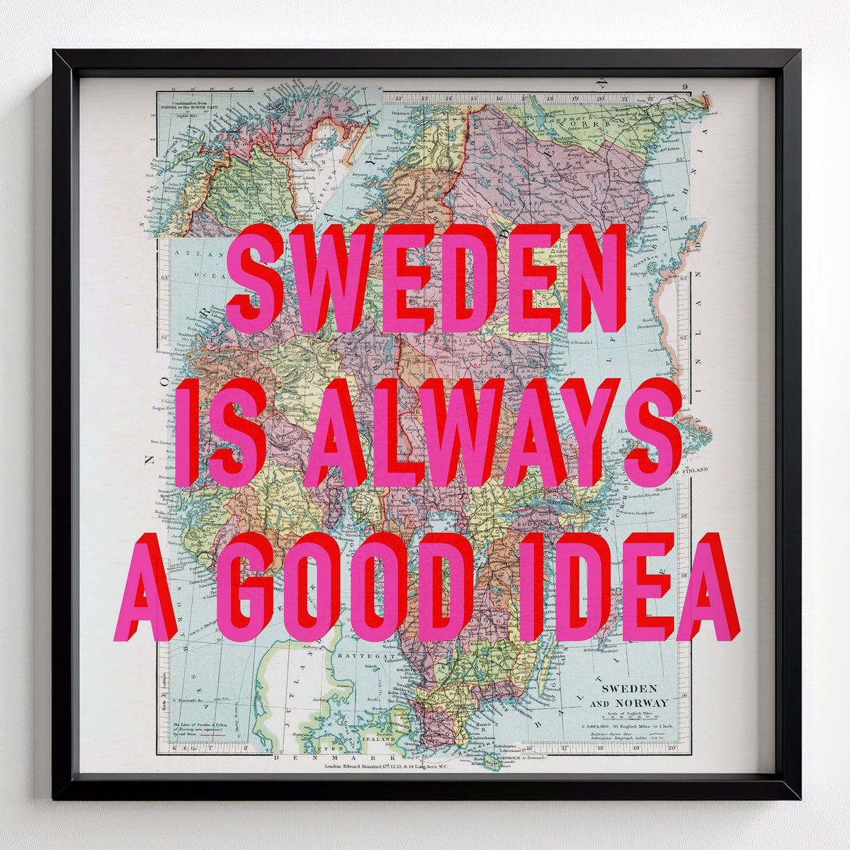 Sweden Retro Pop Art Map Print - black frame mockup - Magic Posters