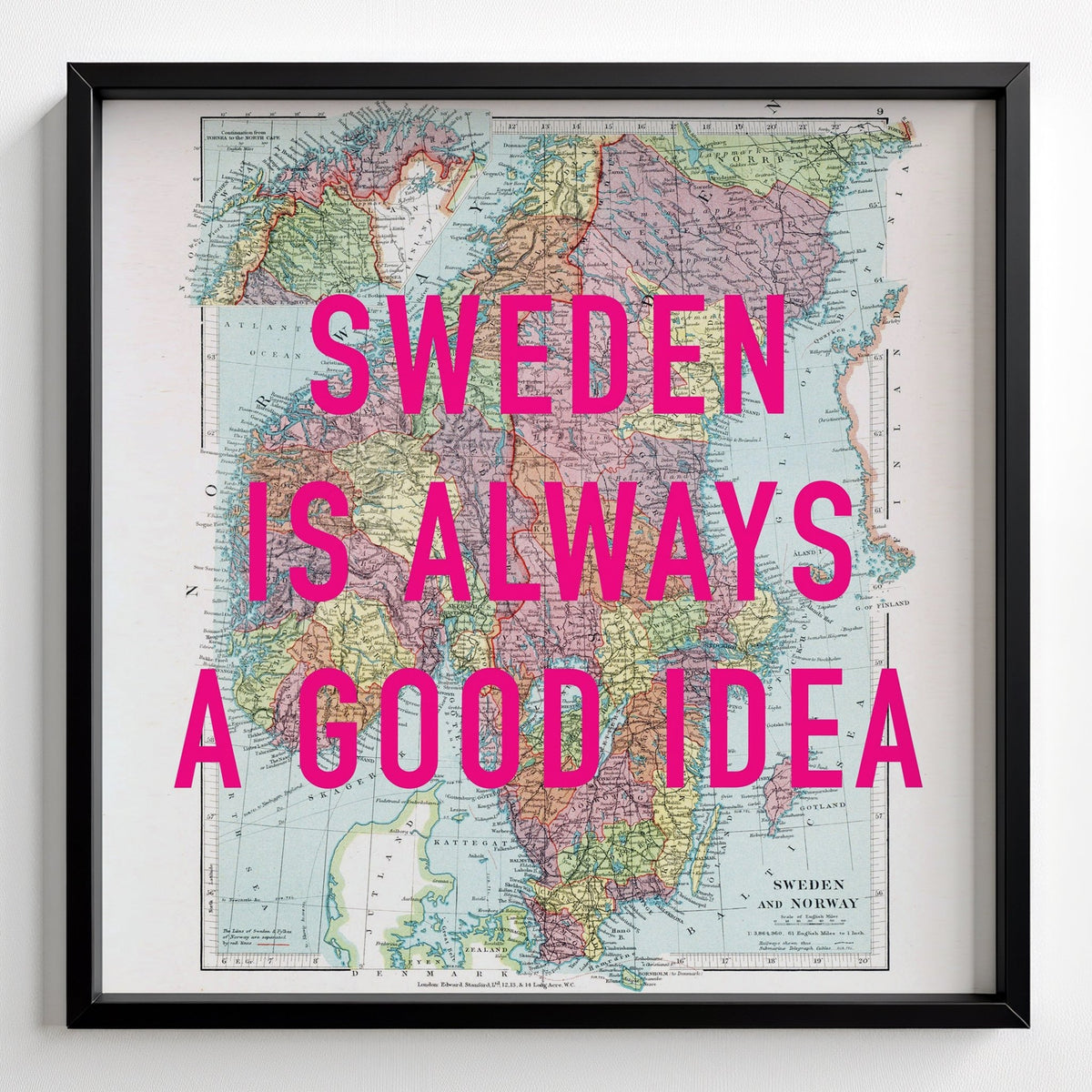 Sweden Retro Pop Art Map Print - black frame mockup - Magic Posters