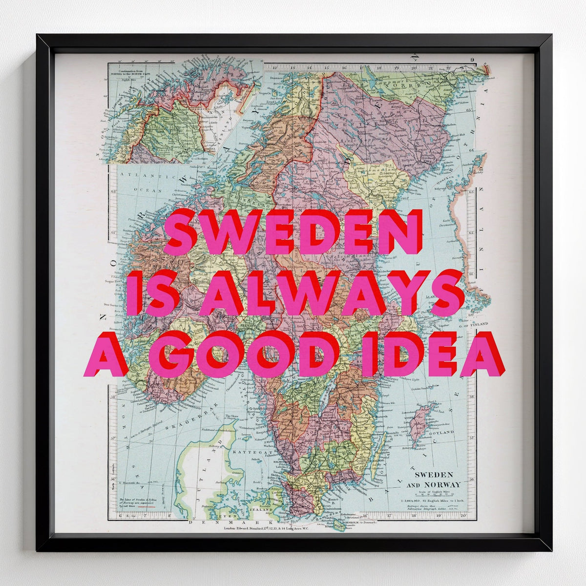 Sweden Retro Pop Art Map Print - black frame mockup - Magic Posters