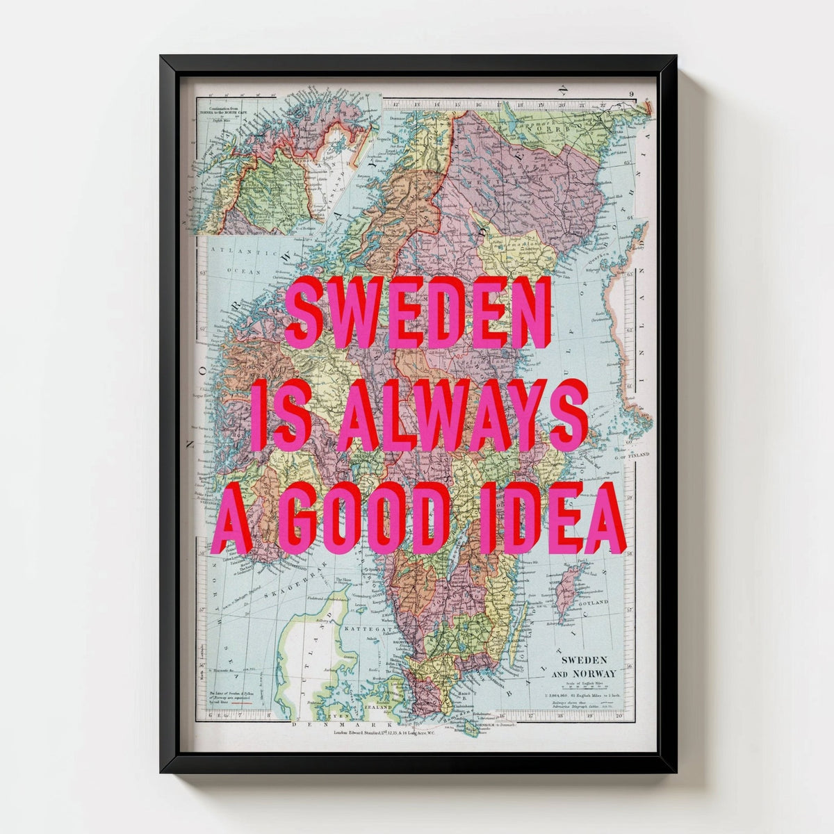 Sweden Retro Pop Art Map Print - black frame mockup - Magic Posters