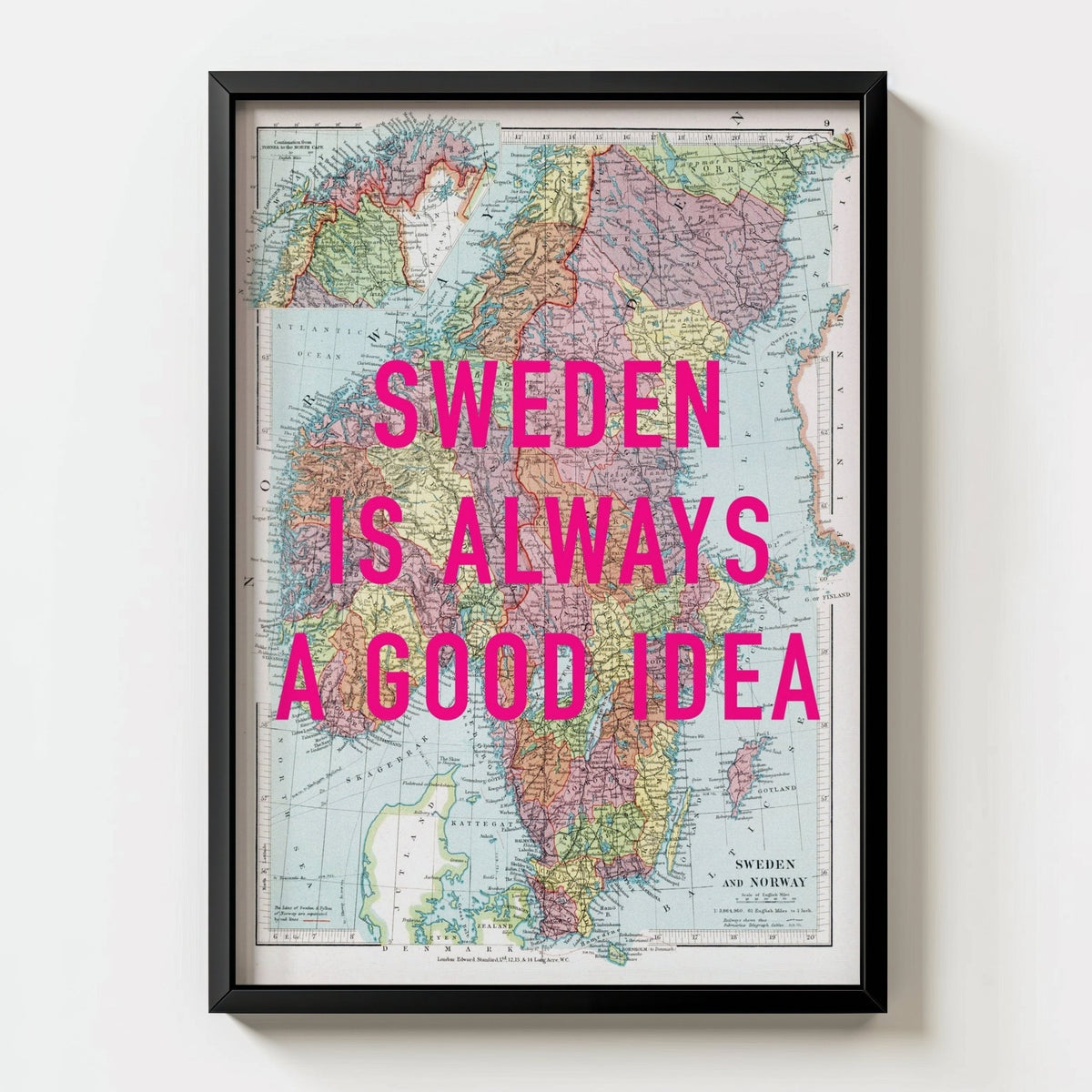 Sweden Retro Pop Art Map Print - black frame mockup - Magic Posters