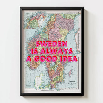Sweden Retro Pop Art Map Print - black frame mockup - Magic Posters