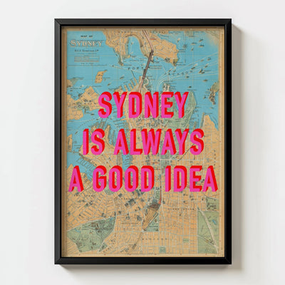 Sydney Retro Pop Art Map Print - black frame mockup - Magic Posters