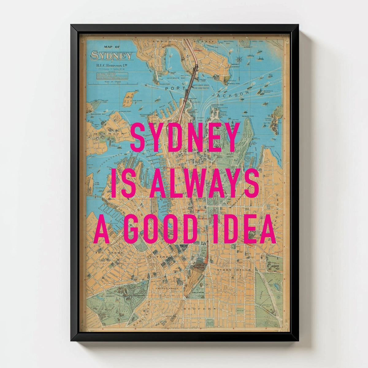 Sydney Retro Pop Art Map Print - black frame mockup - Magic Posters