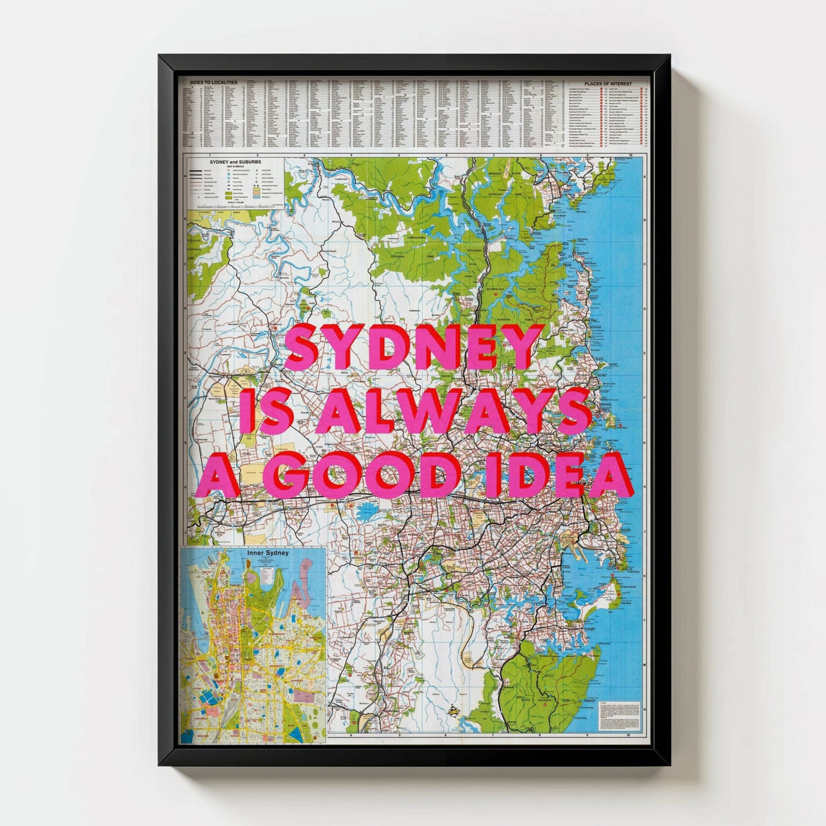 Sydney Retro Pop Art Map Print (Portrait v2) - black frame mockup - Magic Posters