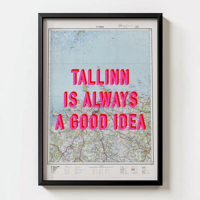 Tallinn Retro Pop Art Map Print (portrait) - black frame mockup - Magic Posters Bold