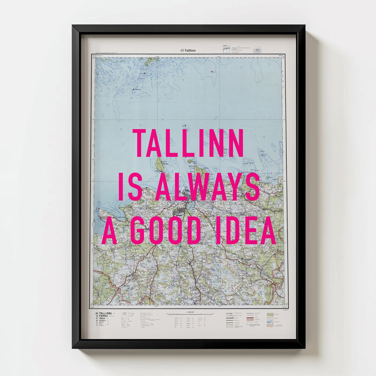 Tallinn Retro Pop Art Map Print (portrait) - black frame mockup - Magic Posters