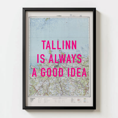 Tallinn Retro Pop Art Map Print (portrait) - black frame mockup - Magic Posters