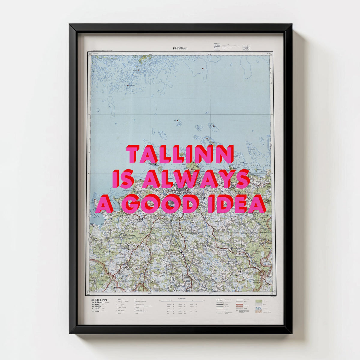 Tallinn Retro Pop Art Map Print (portrait) - black frame mockup - Magic Posters