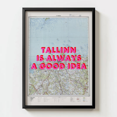 Tallinn Retro Pop Art Map Print (portrait) - black frame mockup - Magic Posters