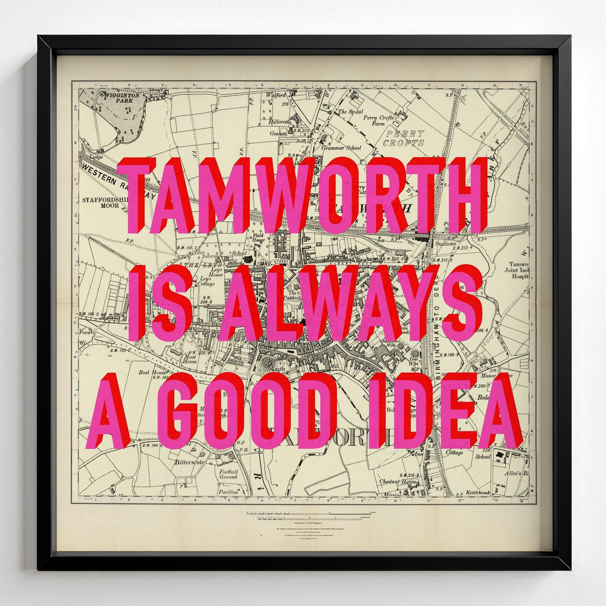 Tamworth Retro Pop Art Map Print - black frame mockup - Magic Posters