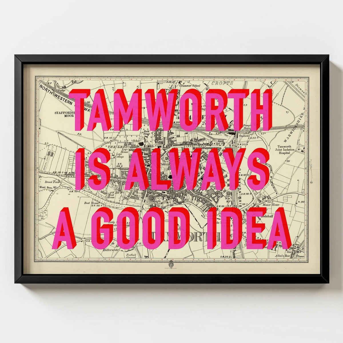 Tamworth Retro Pop Art Map Print - black frame mockup - Magic Posters