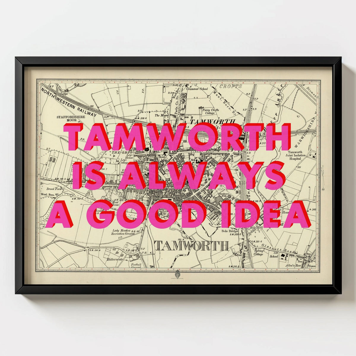 Tamworth Retro Pop Art Map Print - black frame mockup - Magic Posters