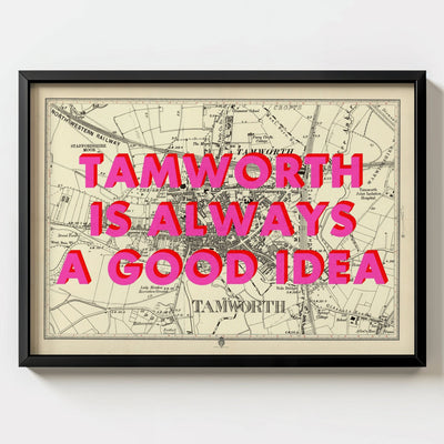 Tamworth Retro Pop Art Map Print - black frame mockup - Magic Posters
