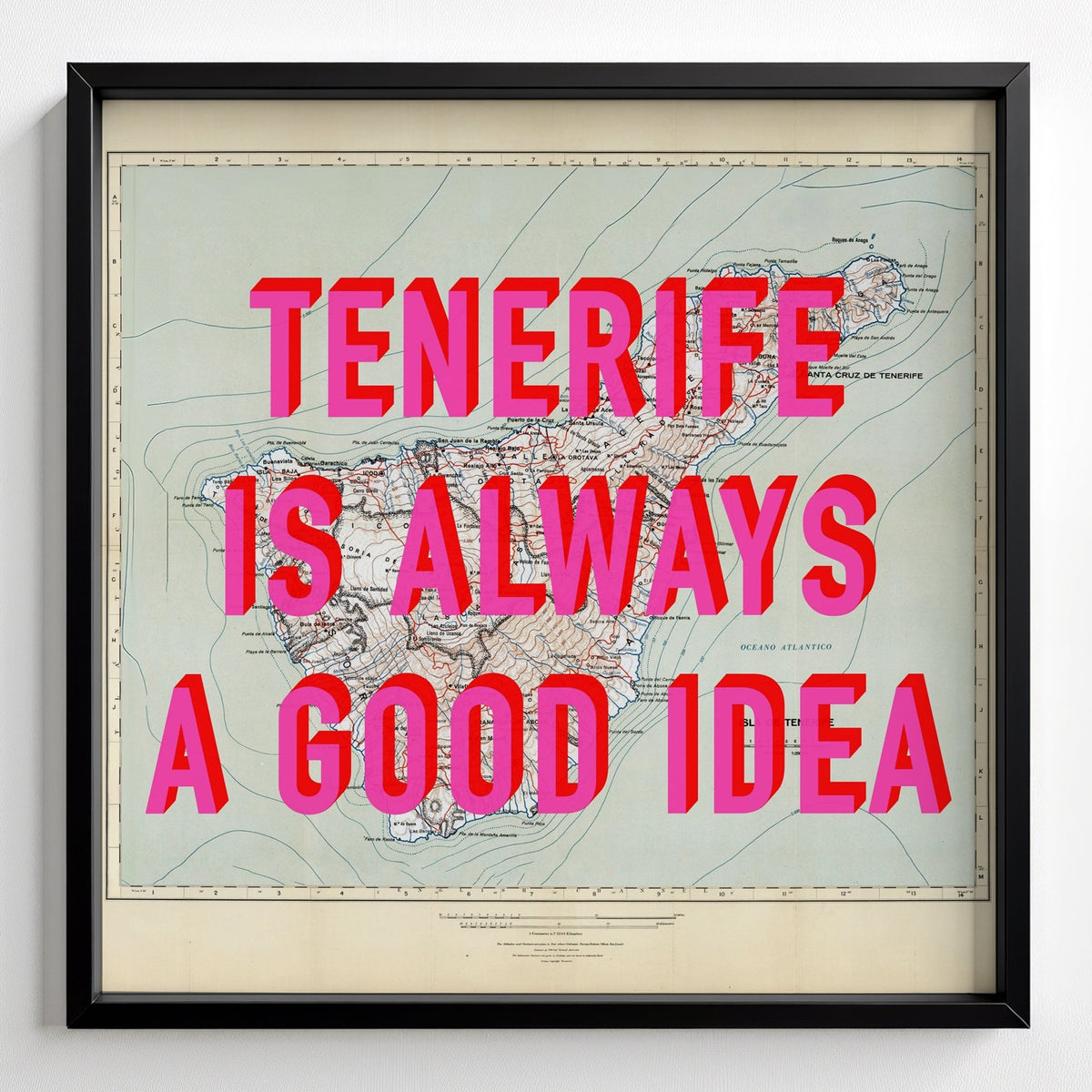 Tenerife Retro Pop Art Map Print - black frame mockup - Magic Posters