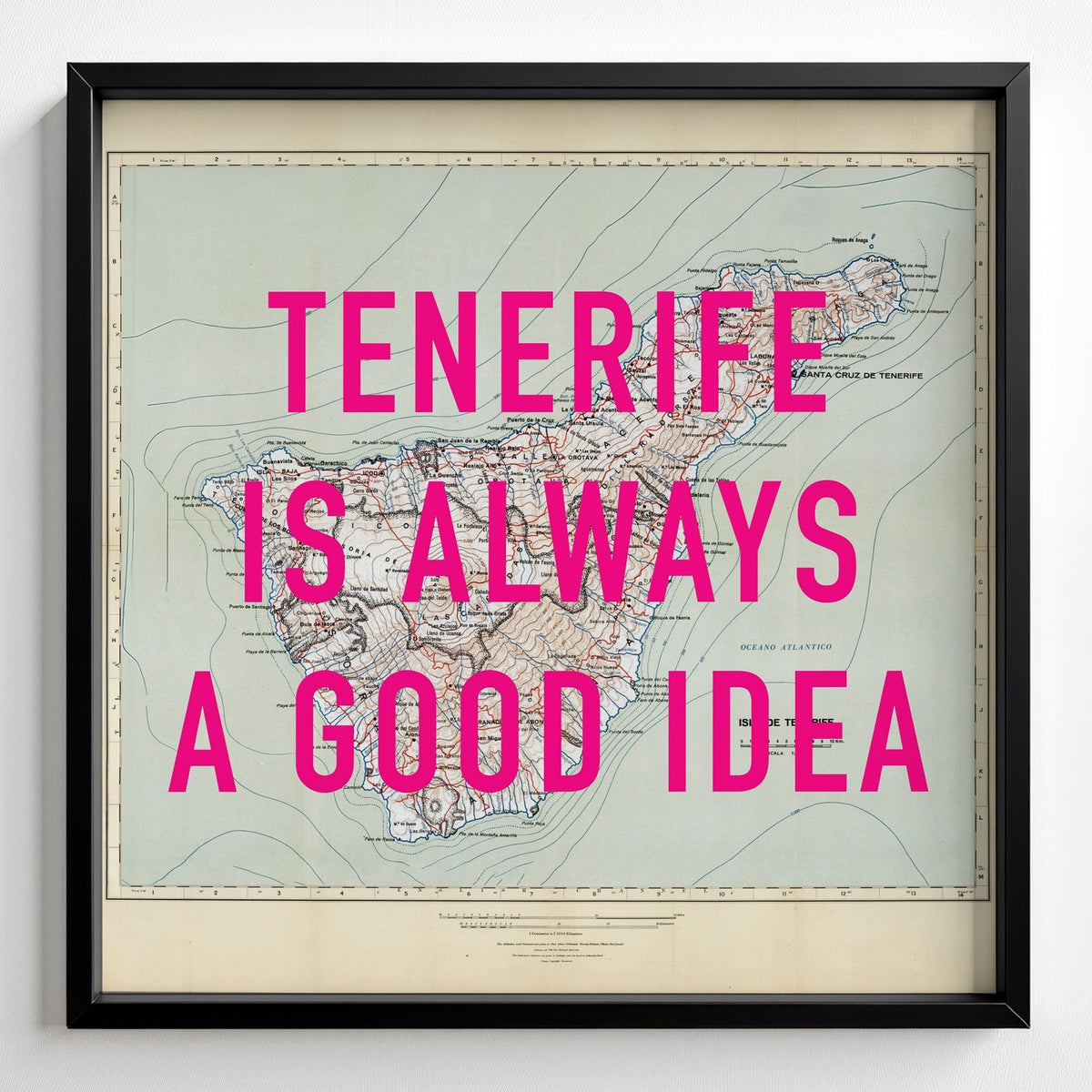 Tenerife Retro Pop Art Map Print - black frame mockup - Magic Posters