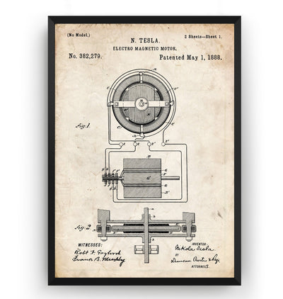 Tesla Electro Magnetic Motor 1888 Patent Print - Magic Posters