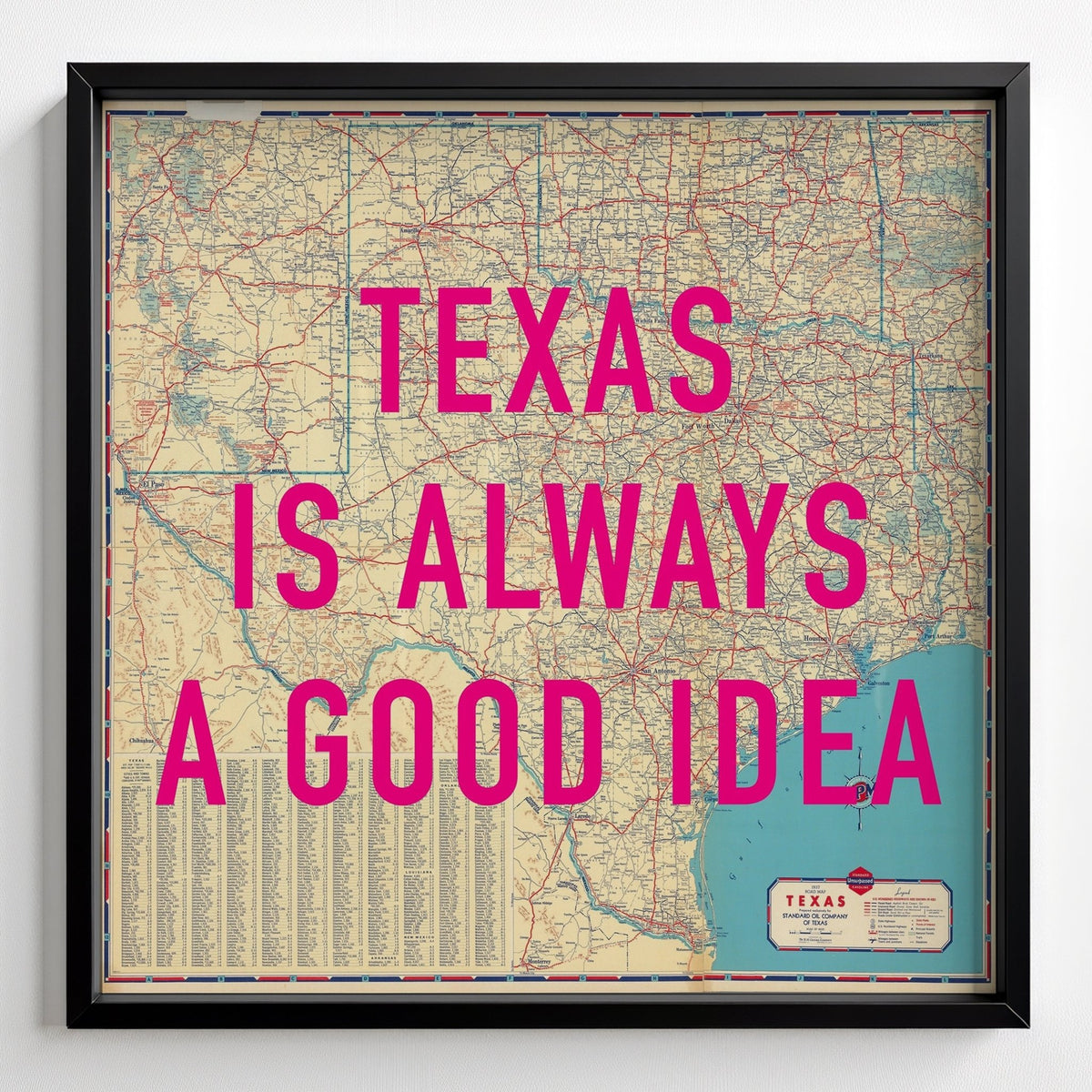 Texas Retro Pop Art Map Print - black frame mockup - Magic Posters