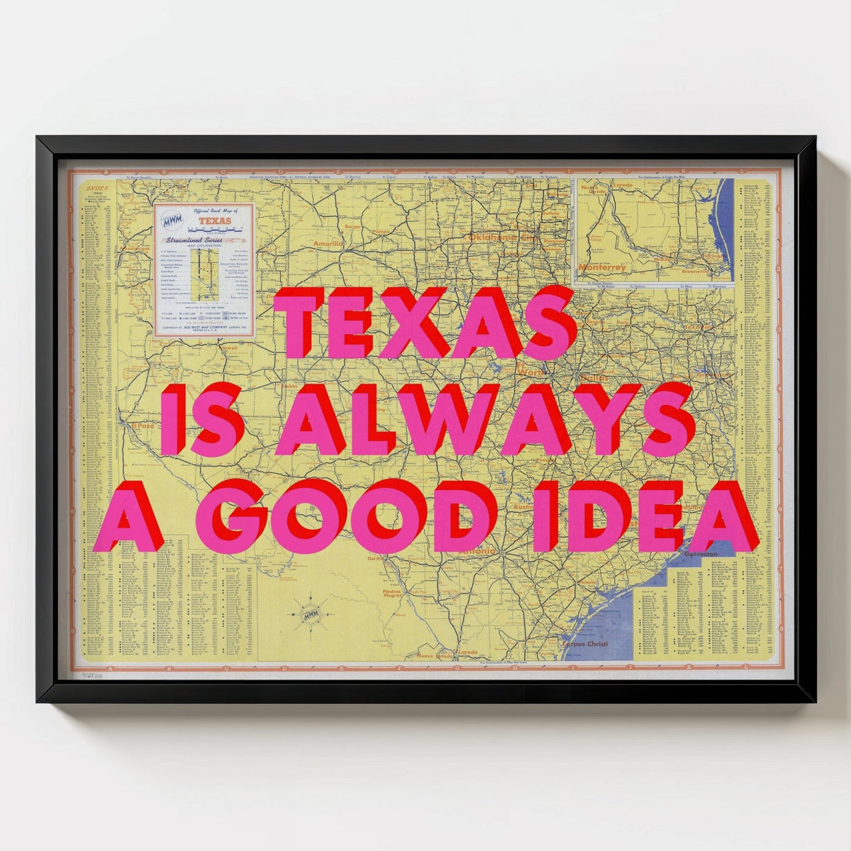 Texas Retro Pop Art Map Print (landscape) - black frame mockup - Magic Posters