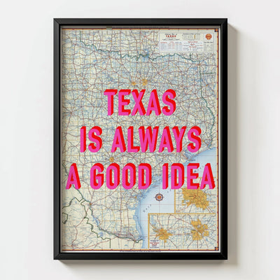 Texas Retro Pop Art Map Print (portrait) - black frame mockup - Magic Posters