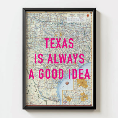 Texas Retro Pop Art Map Print (portrait) - black frame mockup - Magic Posters