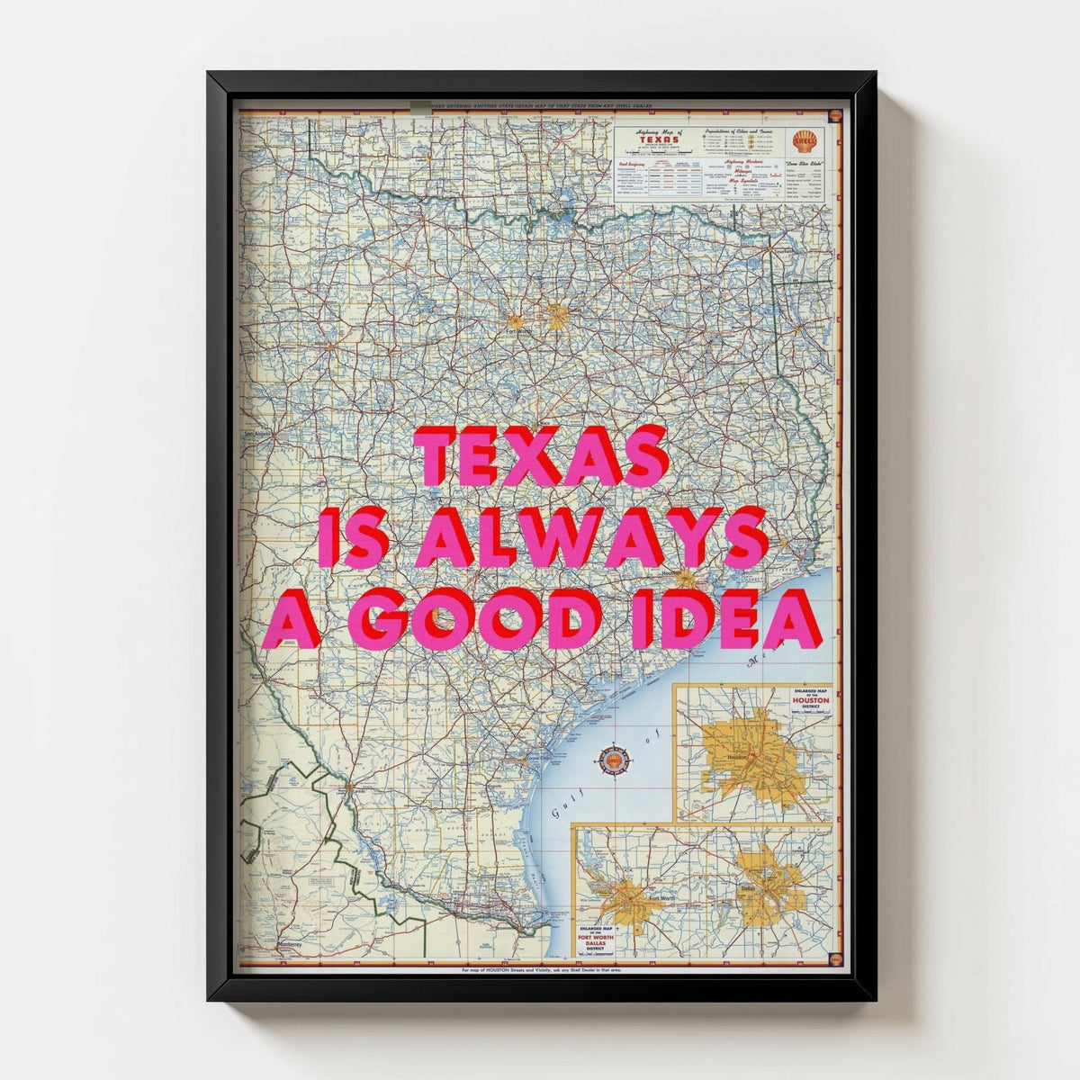 Texas Retro Pop Art Map Print (portrait) - black frame mockup - Magic Posters