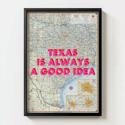 Texas Retro Pop Art Map Print (portrait) - black frame mockup - Magic Posters