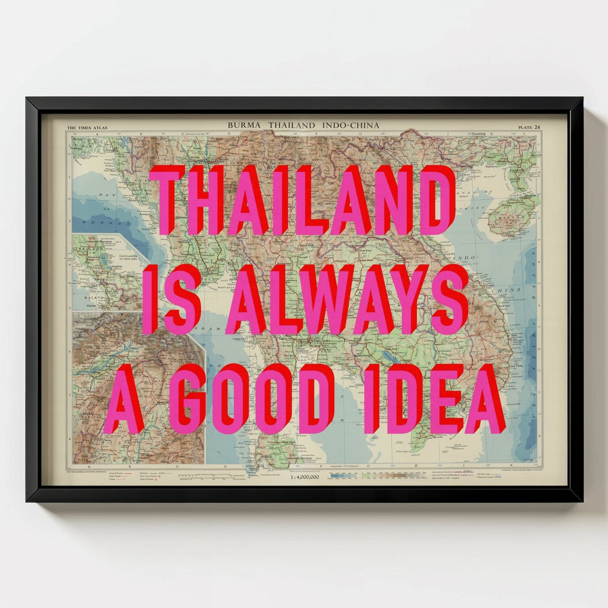 Thailand Retro Pop Art Map Print (Landscape) - black frame mockup - Magic Posters