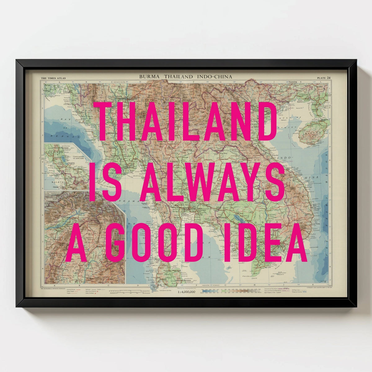 Thailand Retro Pop Art Map Print (Landscape) - black frame mockup - Magic Posters