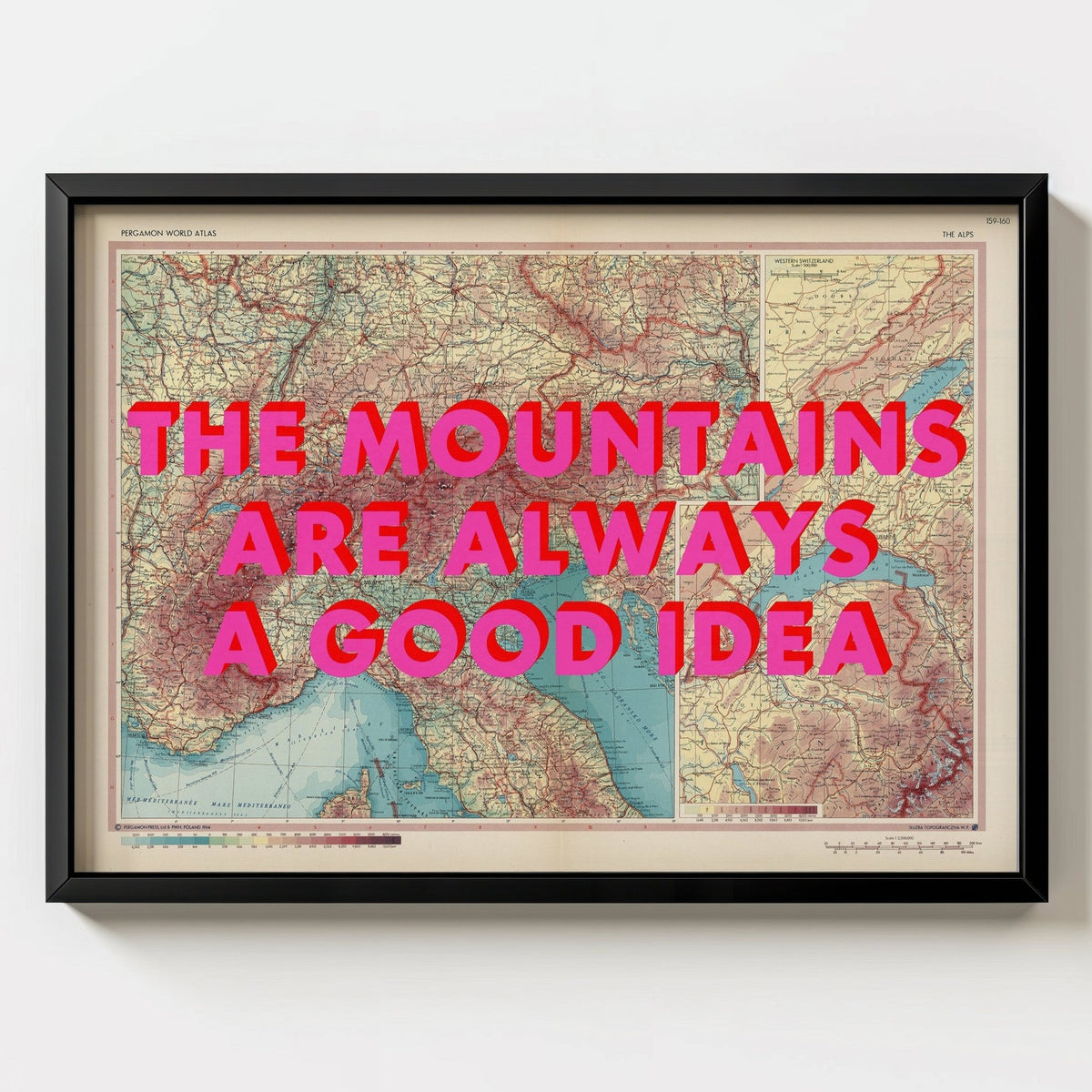 The Alps Retro Pop Art Map Print - black frame mockup - Magic Posters