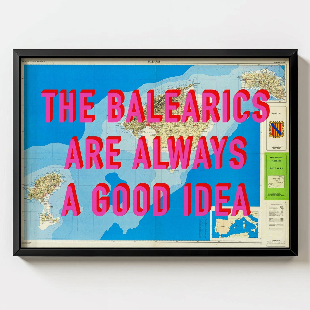 The Balearic Islands Retro Pop Art Map Print (landscape) - black frame mockup - Magic Posters